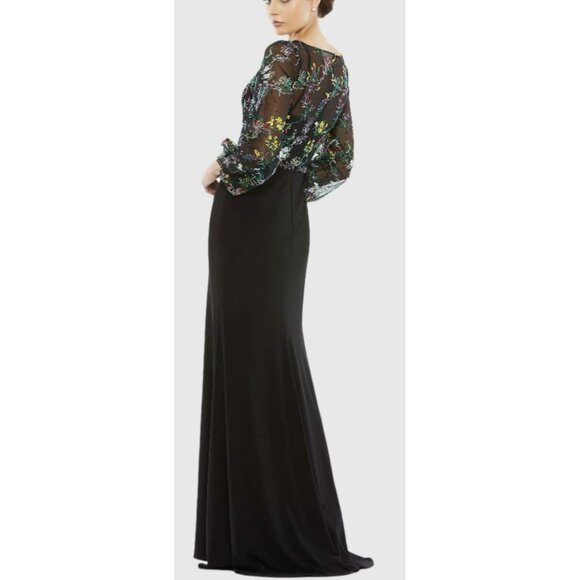 Mac Duggal $498 Embroidered Maxi Dress Puff Sleeve Gown Sz 14 NWT - Picture 4 of 9